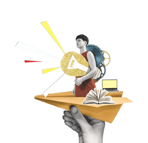 Student on a paper airplane